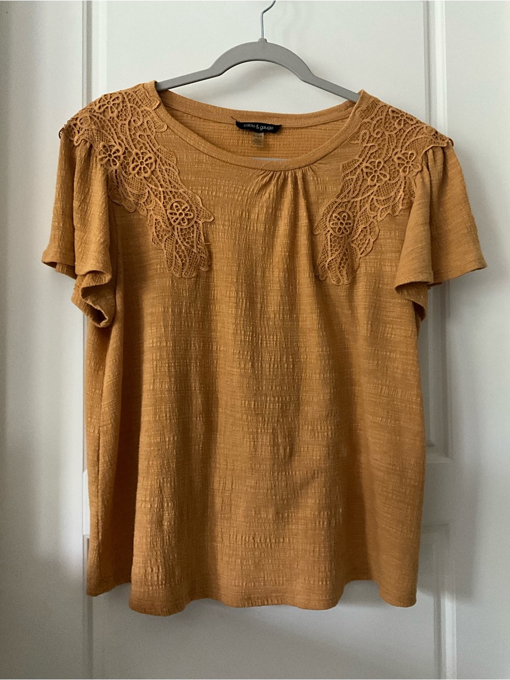 Cable & Gauge Mustard Lace Yoke Flutter Sleeve Top